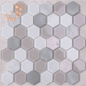 Latest Design Kitchen And Bathroom Interior Decoration Waterjet Hexagon Metal Glass Mixed Marble Floor Mosaic Tile