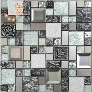 Unique Bronze Square Silver Foil Glass Mixed Carve Resin Mosaic Tile For Decoration Art Wall