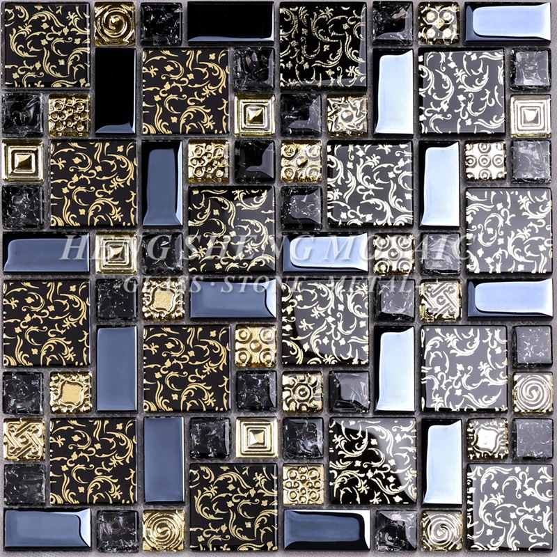 HDT02 Arabesque New Design Gold line Laminated Black Glass Art Flower Mosaic Pattern Tiles for kitchen Backsplash Wall